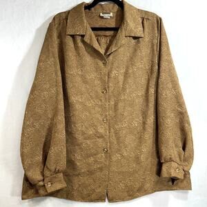 VTG Mark Reed Top Blouse Plus 18W 80s Jacquard Gold Tone Rose‎ Buttoned Women's